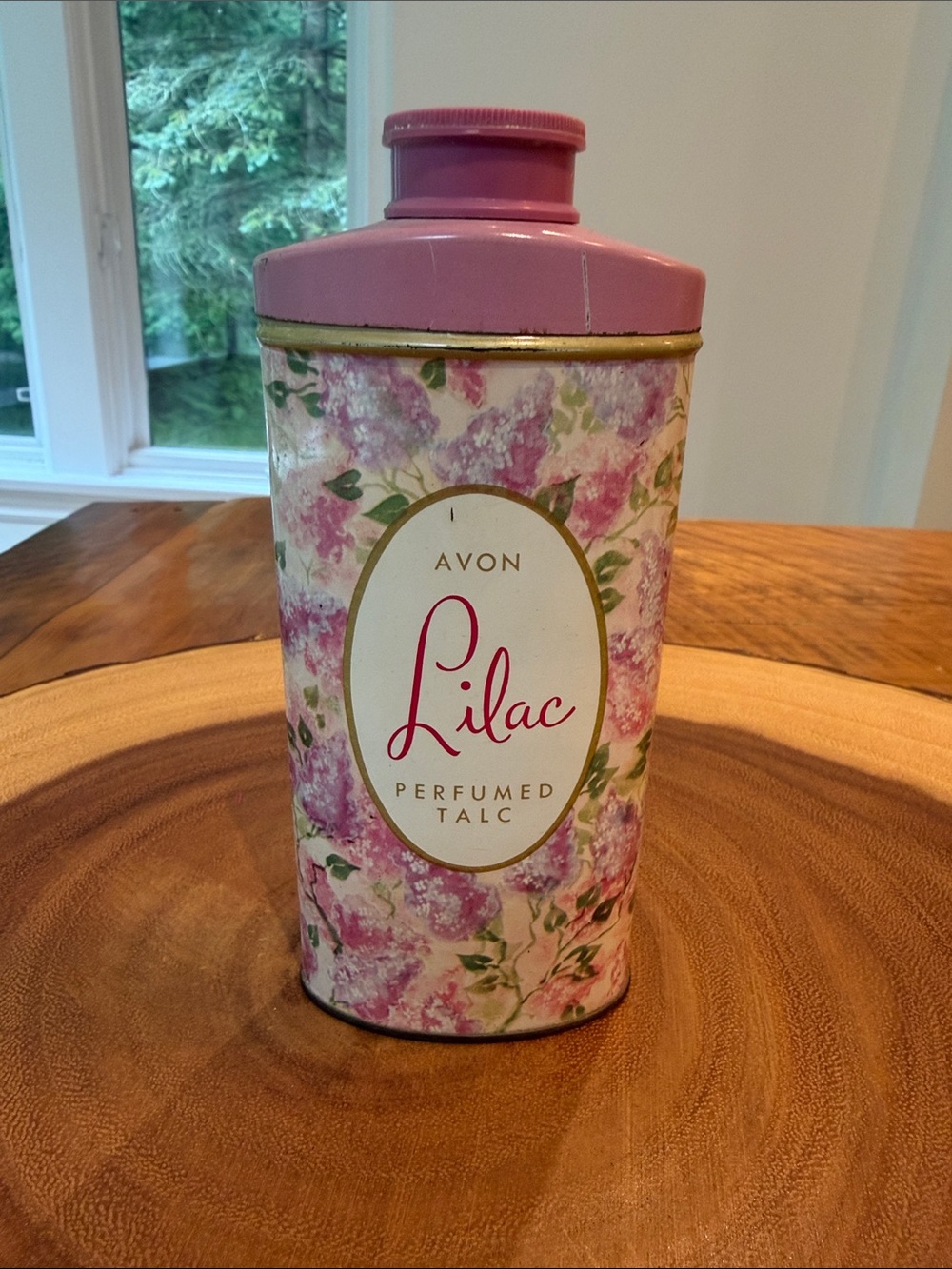 Avon Lilac Perfumed Talc Tin with Pink Cap
